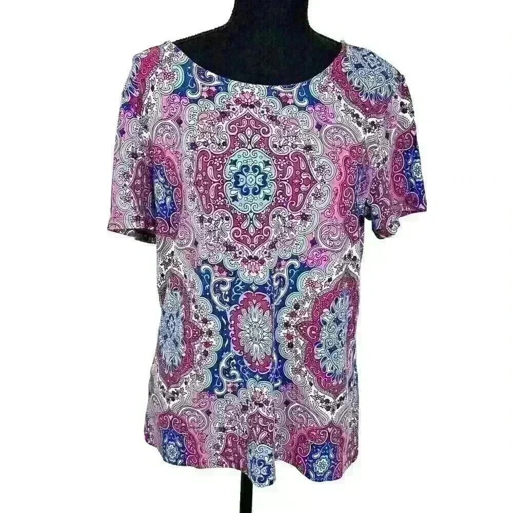 Talbots Womens Sz L Multi Colored Paisley Floral Back Key Hole Short Sleeve Top